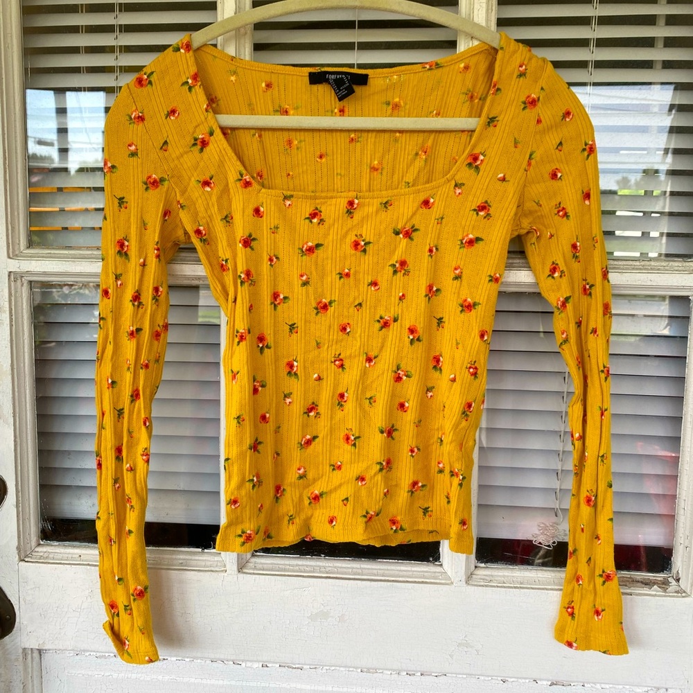 yellow long sleeve blouse with roses
